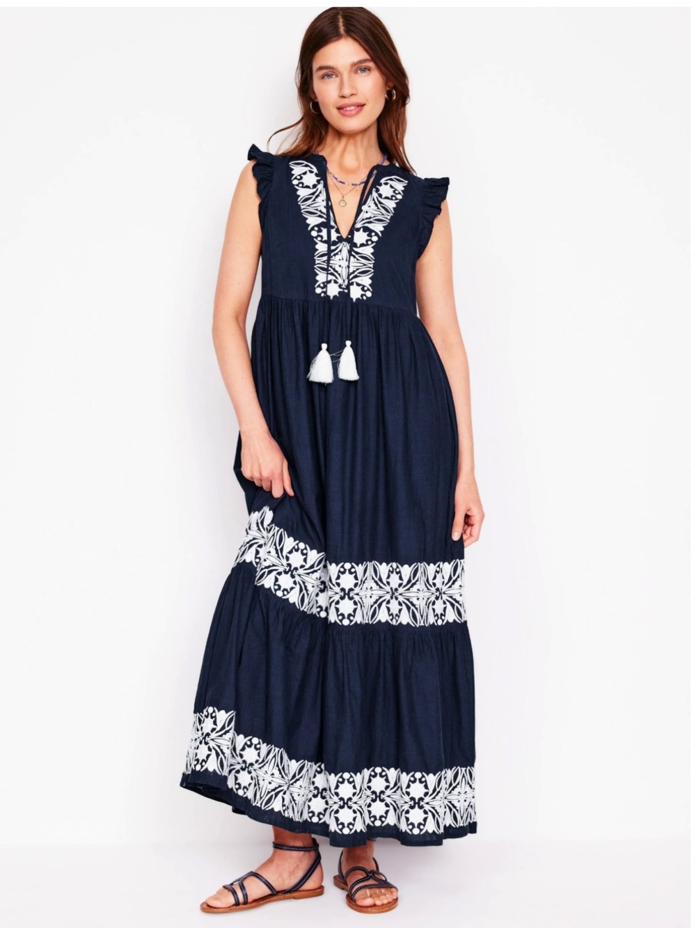 Boden Tie Neck Tier Dress, Cotton Maxi Long Navy Blue & White Floral Embroidered